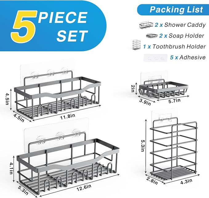 Shower Caddy 5 Pack,Adhesive Shower Organizer for Bathroom Storage&Home Decor&Kitchen,No Drilling,Large Capacity,Rustproof Stainless Steel Bathroom Organizer,Shower Shelves for Inside Shower-Larger - Image 7