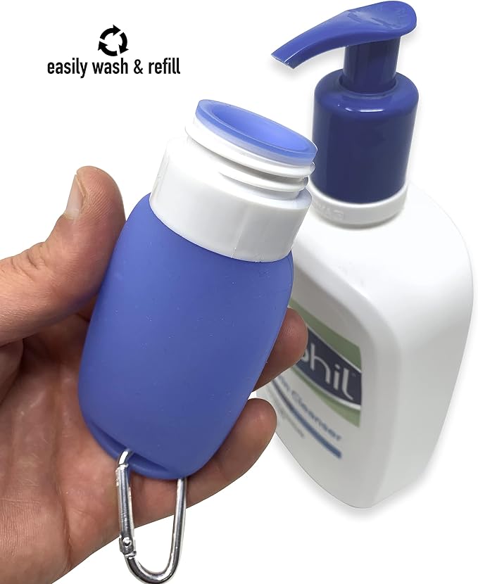 Cruise On Silicone Travel Bottle Set, TSA Approved, Leak-Proof Squeeze Bottles for Shampoo, Lotion & Liquids (2 oz & 1.4 oz), Refillable Containers with Carabiner Clips for Easy Carry - Image 4