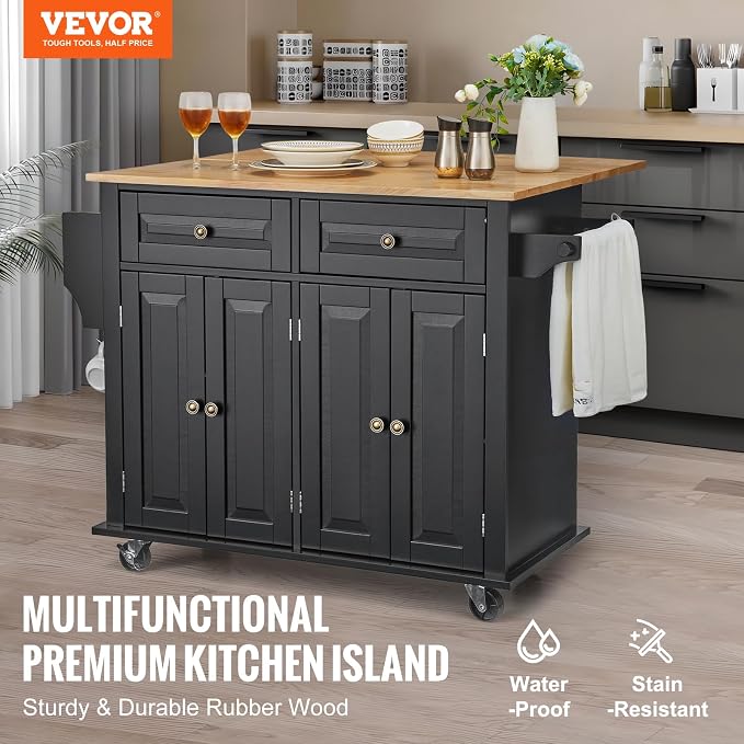 VEVOR Kitchen Island Cart, 35" Wood Top Mobile Carts with Storage Cabinet, Rolling Table with Drop Leaf, Spice Rack, Towel Bar, Adjustable Shelf, Drawer, and Hooks, Portable Islands on Wheels, Black | Rolling Table with Drop Leaf, Spice Rack, Towel Bar... - Image 2