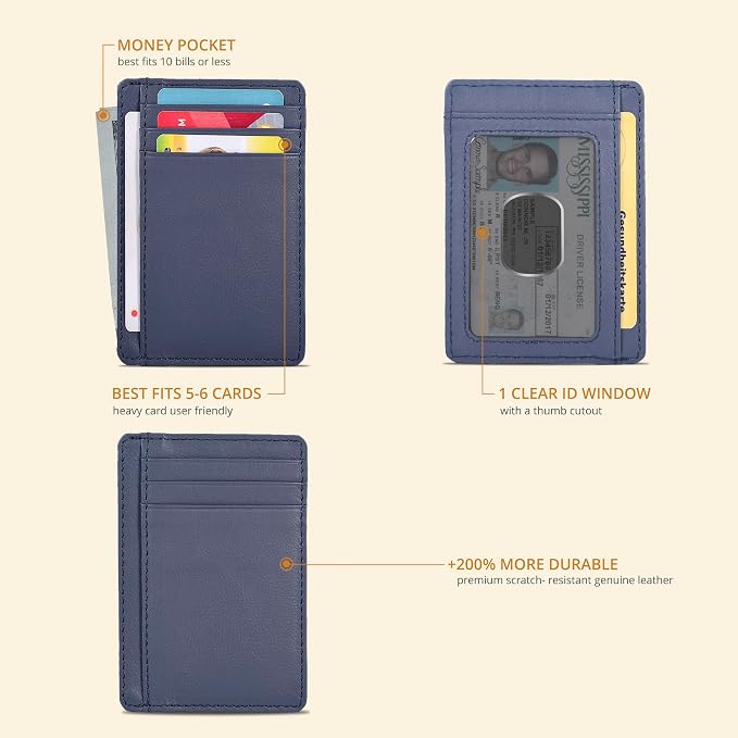 Nappa Navy Leather Slim Minimalist RFID Blocking Front Pocket Wallet, Card - Image 2