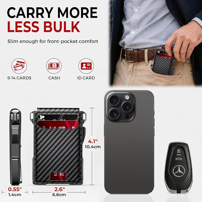 RUNBOX Wallet for Men, Mens Minimalist Wallet Holds 14 Cards, Compact Pop Up Wallet with Dual ID Windows & Money Clip, RFID Blocking Flip Up Card Holder, Metal Aluminum Credit Card Case Bifold Wallet - Image 7