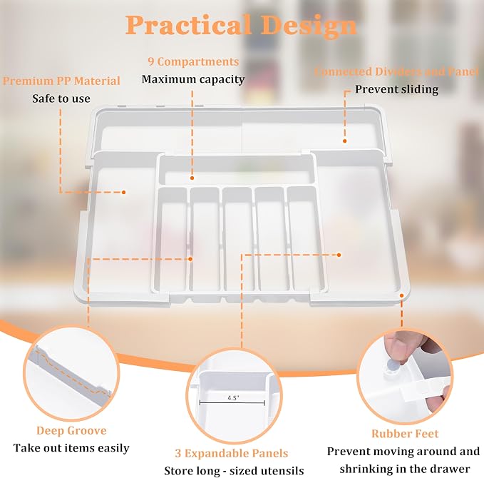 Large Silverware Drawer Organizer Expandable Kitchen Utensil Organizer BPA Free Flatware Cutlery Holder Tray Adjustable Plastic Drawer Divider Storage for Forks Knives 6-9 Slots White - Image 7