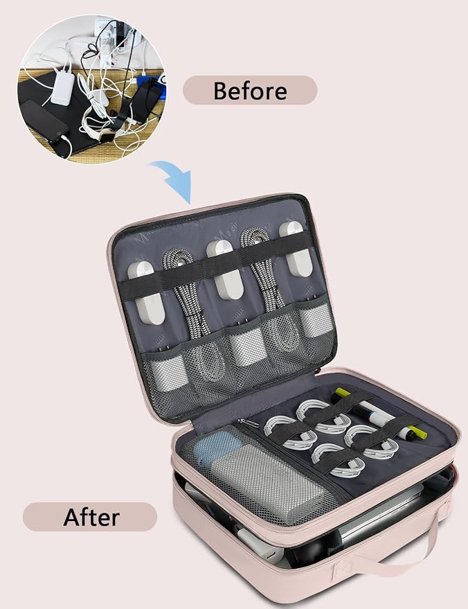 MATEIN Charger Organizer Travel Case for Women, Cord Organizer Travel | Double Layers, Portable Electronic Accessories Case with Handle, for Charger, Phone, Earphone, Tablet, Pink Gift - Image 3