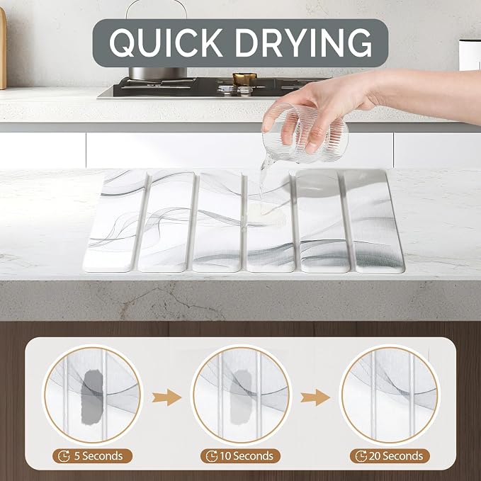 Small Stone Dish Drying Mat for Kitchen Counter, 2 PCS 16"×12" & 8"x4" Quick Dry Stone Mats, Foldable Water Absorbing Diatomaceous Earth Drying Dish Pad for Countertop Bottle Utensil Cup(White Gray) - Image 3
