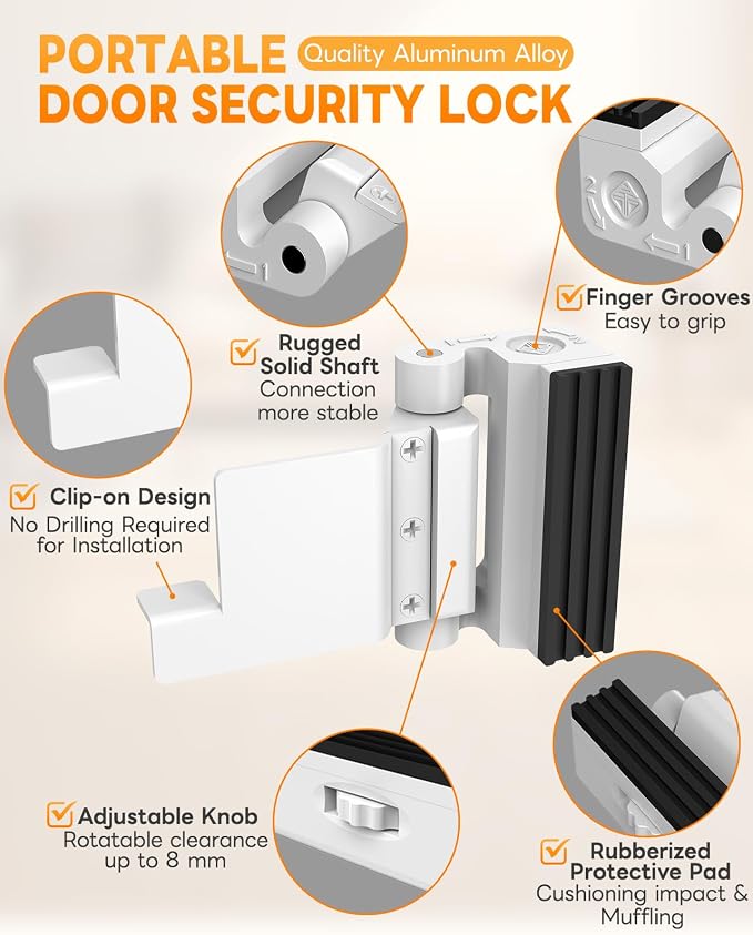 Portable Door Lock for Travel, Adjustable No Drilling Door Reinforcement Lock, Extra Latch Stopper for Hotel Room, Home Apartment, Inward Swing Door - Family & Travelers Security (White-2PCS) - Image 4