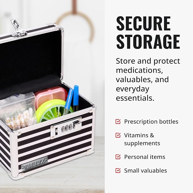 Vaultz Locking Medicine Box with Combination Lock - Secure Metal Lock Box Safe for Medication, Pills & Valuables, Small Lockbox with Code, Portable Storage Case, Striped | Metal lock box, storage case for medication and small valuables, 3-digit combina... - Image 4