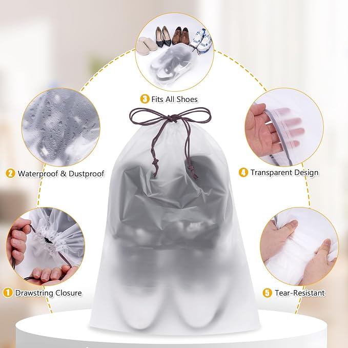 Waterproof Shoe Bags for Travel - 15.7x11.8 Inches Drawstring Bags Organizers (10 Pack), Clear Waterproof Bag Travel Essentials for Men & Women, Shoe Bags for Storage (Packing, Gym, Luggage Storage) - Image 3