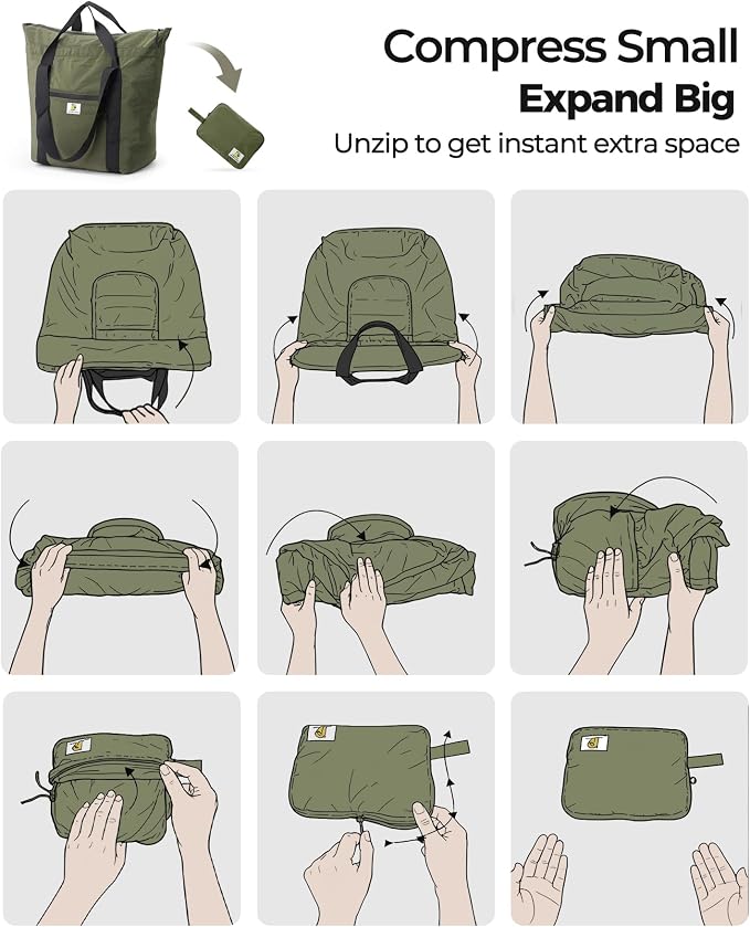 Foldable Travel Bag, 26L Duffle Bag for Travel, Expandable Second Carry-On Bag for Travel & Shopping, Water-Resistant Personal Item Bag, Olive Green - Image 5