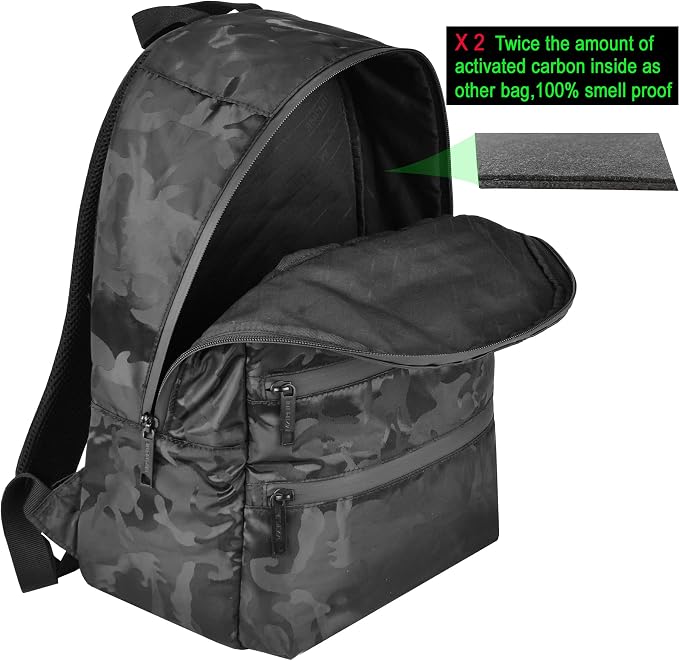 Mini Backpack Bag-Smell Proof-USB Charging Port Daypack Travel bags With Carbon Lining for Men & Women Travel (Camouflage Black) - Image 3