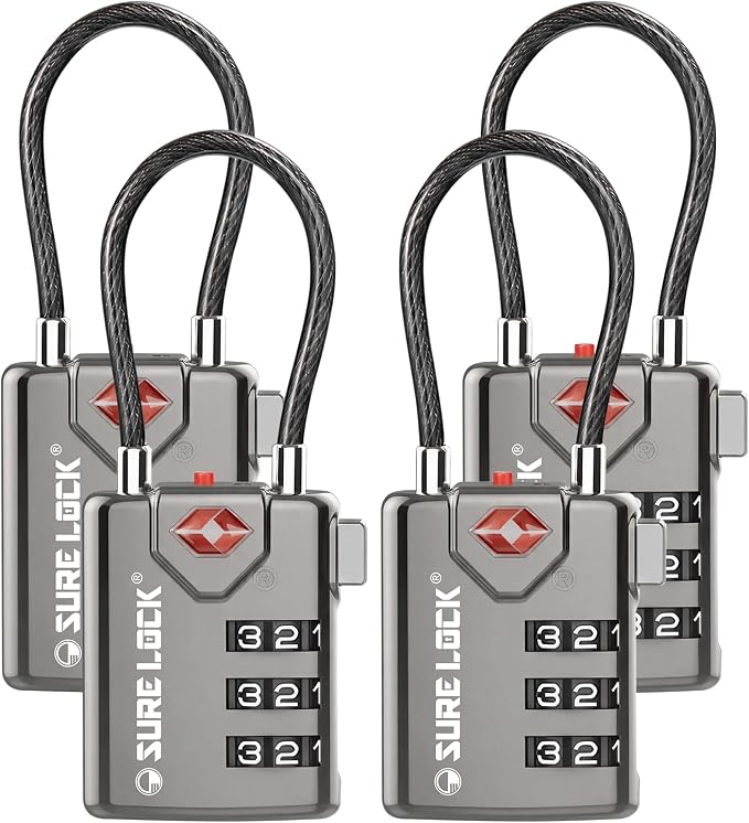 SURE LOCK TSA Approved Luggage Locks with Open Alert Indicator, 3 Digit Combination Cable Travel Lock for Suitcase, Backpack, Gym Locker, Toolbox & Travel Bag(Grey 4 Pack) by Hopeyoucanstaysafe