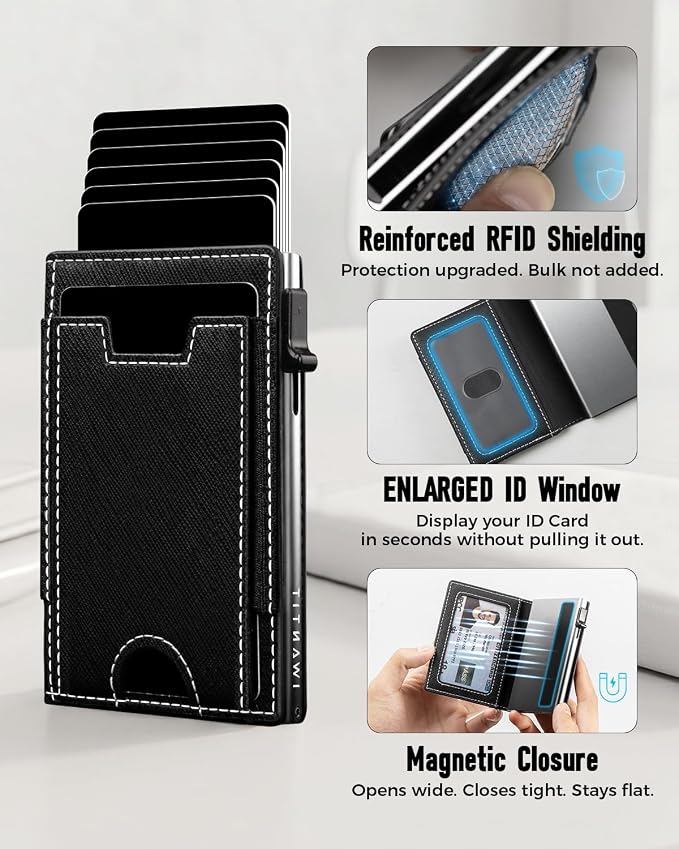 iwantit Slim Wallet for Men Card Holder: Minimalist RFID Blocking Wallet for 8-10 Cards - Smart Pop Up Card Case with Detachable Money Clip - Premium Leather Cardholder, Gift Boxed (CrossGrain Black) - Image 7