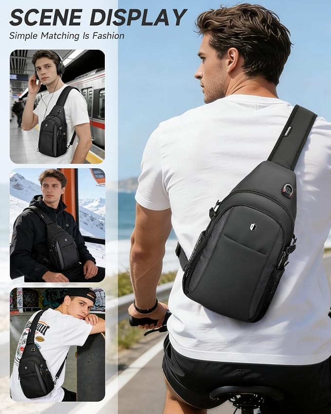 Anti Theft Sling Bag for Men, Expandable Crossbody Chest Bag with Water Bottle Pocket, Travel Sling Backpack Fits 11” iPad & Switch 2 for Commuting, Hiking, Daily Carry, Black | Mens Crossbody Bag - Image 4