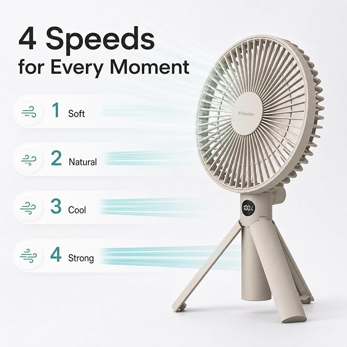 Quiet Handheld Camping Fan, Portable Fan Rechargeable, 12H Battery Life | 3000mAh battery powered hand held fan with USB-C charging, digital display, 4 speeds and quiet airflow for camping and travel - Image 6