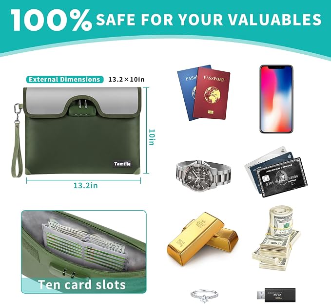 5200°F Fireproof Money Bag with Lock, Water Fireproof Document Bag with Zipper, 8 Layers Fire Insulation, Fireproof Safe Storage Pouch with Lock for Cash, Passport, Certificate(10" x 13", Green) - Image 2