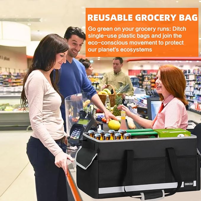 Upgrade Extra Large Utility Tote Bag with Reflective Strip, Standing Reusable Grocery Bags with Hard Bottom & 4 Sided Reinforced, Collapsible Utility Tote with Handles for Shopping, Beach, Car | Upgrade - Image 7