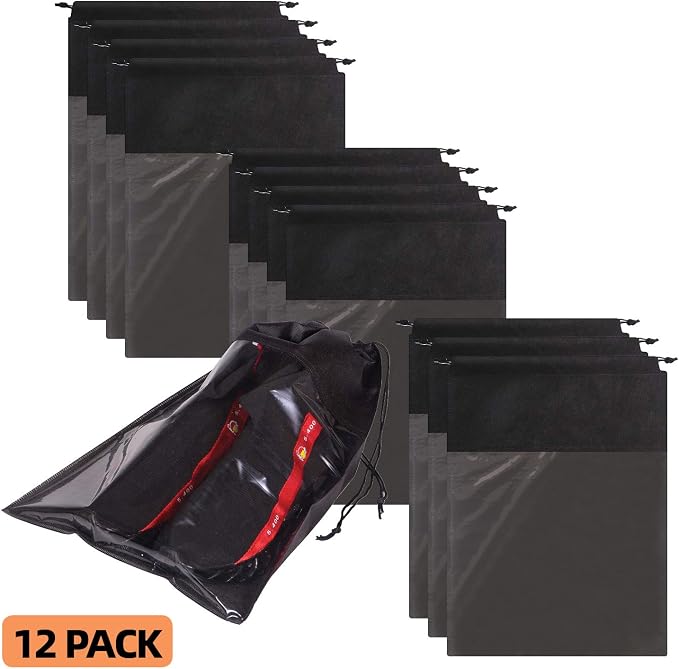 12 Pack Portable Shoe Bags for Travel Large Shoes Pouch Storage Organizer Clear Window with Drawstring for Men and Women Black - Image 3