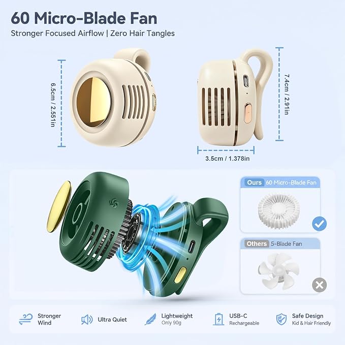 Portable Clip-on Fan Silent Bladeless Mini Fan | 360°Rotation 3-speed Modes Whirlwind Waist Clips Fans Hands-Free Cooling Fan Outdoor Trip Work Travel White-Green 2 Pack - Image 3