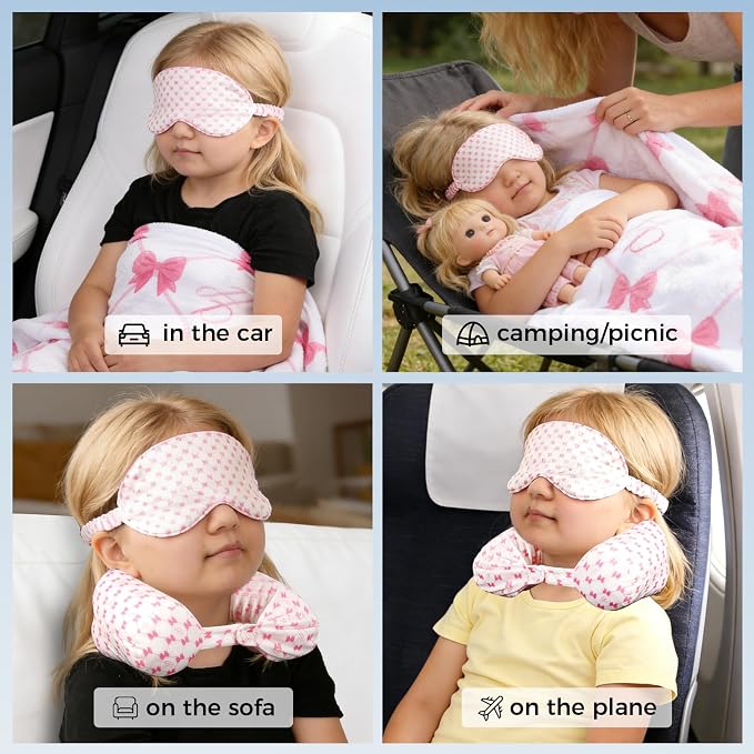 Travel Pillow with Detachable Flannel Blanket & Eye Mask – Plush Velvet Neck Support Pillow for Airplane,Car,Office Rest,Coordinated Digital Print Set (Pink Bow, 50in * 60 in) - Image 4