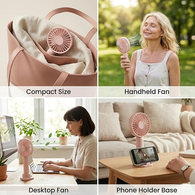 Portable Handheld Fan 2 Pack, USB Rechargeable Mini Fan, Ultra Quiet, 3 Speeds with Phone Holder Base, All Day Battery for Outdoor Indoor (Pink) - Image 6