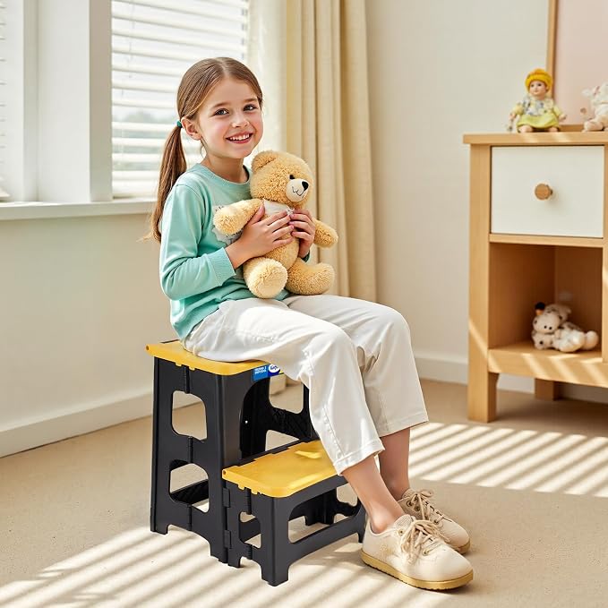 Korpai Folding 2 Step Stools,8" & 17" Dual Heights,Foldable Step Stool for Adults and Kids,Hold up to 250lbs,Collapsible Step Stool for Kitchen Bedroom Office Bathroom RV, Yellow - Image 7