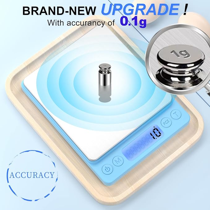 Digital Food Scale for Food Ounces and Grams，YONCON 3000g/0.1g Accuracy Multifunctional Kitchen Scale for Cooking, Baking | Small Size for Easy Storage | 2 Trays，Tare Function - Image 2