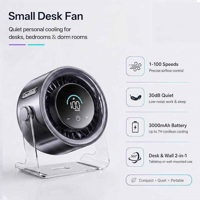USB Desk Fan for Bedroom: 100 Speeds Digital Display Quiet Portable Fan with Turbo Airflow, 120° Rotating Small Rechargeable Battery Desktop & Wall-Mounted Fans for Bedroom Home Office (Black) - Image 2