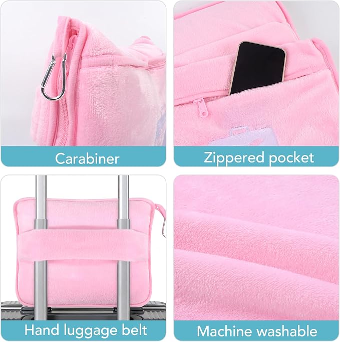 Travel Pillow and Blanket 2-in-1 Set Airplane Pink 60x50 Inch | Plane Packable, Soft Warm and Lightweight Flannel, Hand Luggage Sleeve and Backpack Clip, Plane Flight Car Trips - Image 7