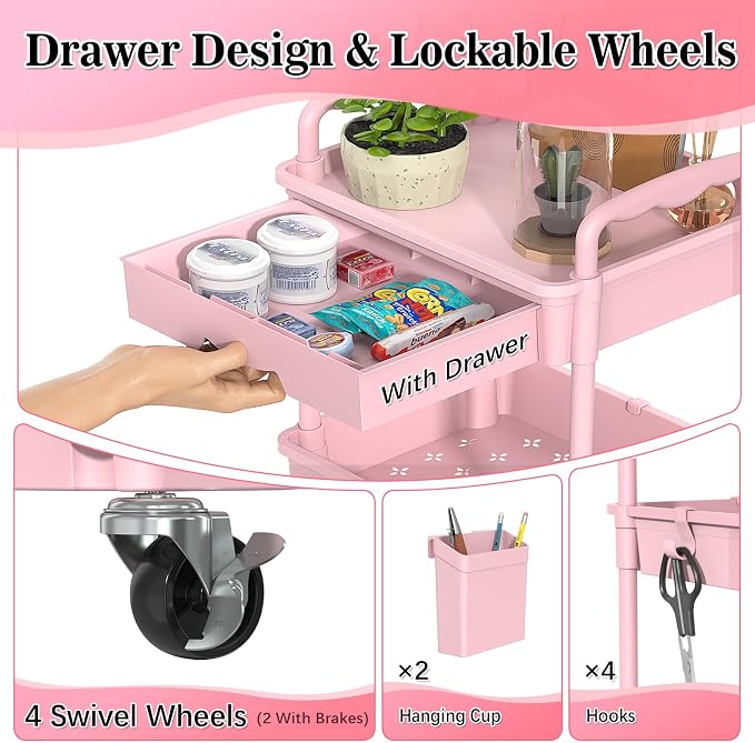 SUNALLY 4 Tier Rolling Cart with Drawer, Craft Storage Cart Organizer, Pink | Bathroom Storage Organizer with 2 Lockable Wheels, Rolling Utility Cart for Kitchen, Office, Baby, Makeup, Nail,Snack,Laundry - Image 3