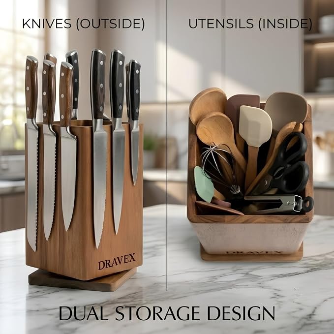 DRAVEX Ultra Premium Magnetic Knife Block without Knives for Counter Top | 360° Rotatable Acacia Wood Knife Holder Stand, Large Kitchen Utensils Holder with Strong Magnet, Anti-Slip Base - Image 5