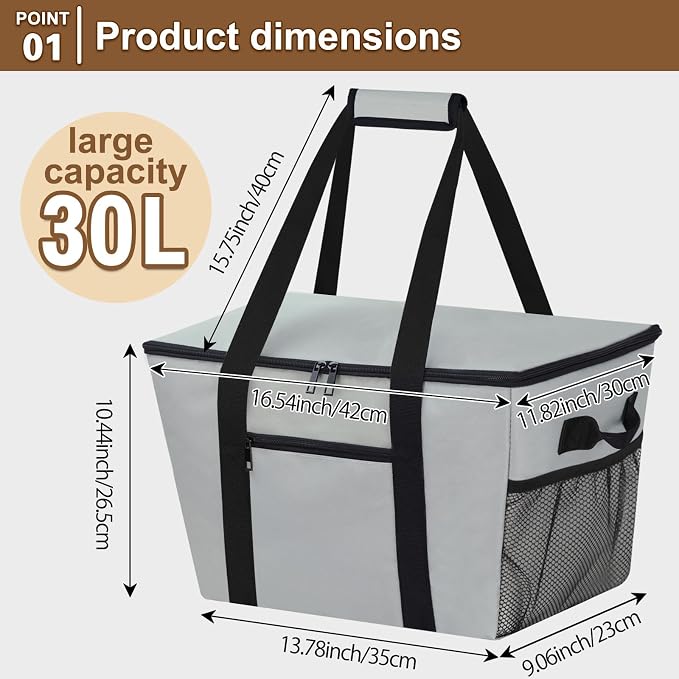 Reusable Grocery Bag – Expandable Insulated Cooler Bag with Bottom Board, Collapsible Insulated Shopping Bag with Zipper & Drawstring, Heavy Duty Tote Bag for Shopping, Delivery, Picnic, Beach - Image 3