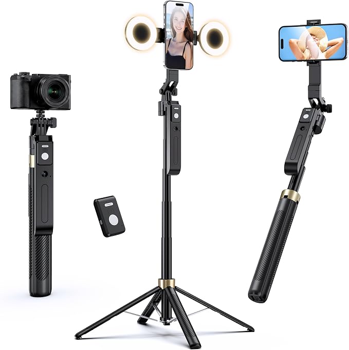 UBeesize 70" Auto Face Tracking Phone Tripod for iPhone & Camera with Light | 360° Auto Follow, Selfie Stick Mode, Dual Mini Ring Lights & Remote for Video Recording, Live Streaming and Content Creation by UBeesize