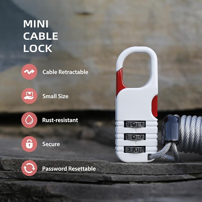 Ski Lock Cable Retractable, Small Cable Travel Locks with Combination, Mini Padlock Combination, for Luggage, Suitcases, Backpack, Snowboard, Ski Gear, Bike, Motorcycle Helmet Anti Theft - Image 2