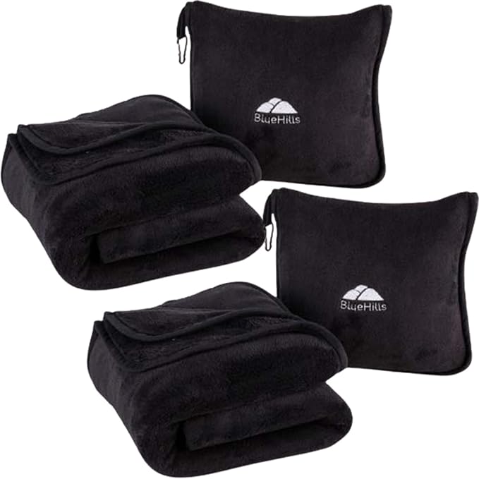 BlueHills 2-Pack Premium Soft Travel Blanket Pillow Airplane Plush - Black | Travel Blanket Pillows for 2, Matching Zipper Case, Hand Luggage Belt & Backpack Clip, Must Have Airplane Travel Essentials by BlueHills