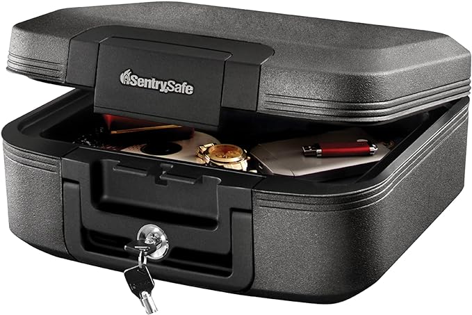 SentrySafe Dark Gray Fireproof and Waterproof Safe with Key Lock, Chest Lock Box with Carrying Handle for Travel, 0.28 Cubic Feet, 6.6 x 15.4 x 14.3 Inches, CFW20201 | Portable Fire Water Resistant Chest Safe With Key Lock Security, Carrying Handle, Id... by SentrySafe
