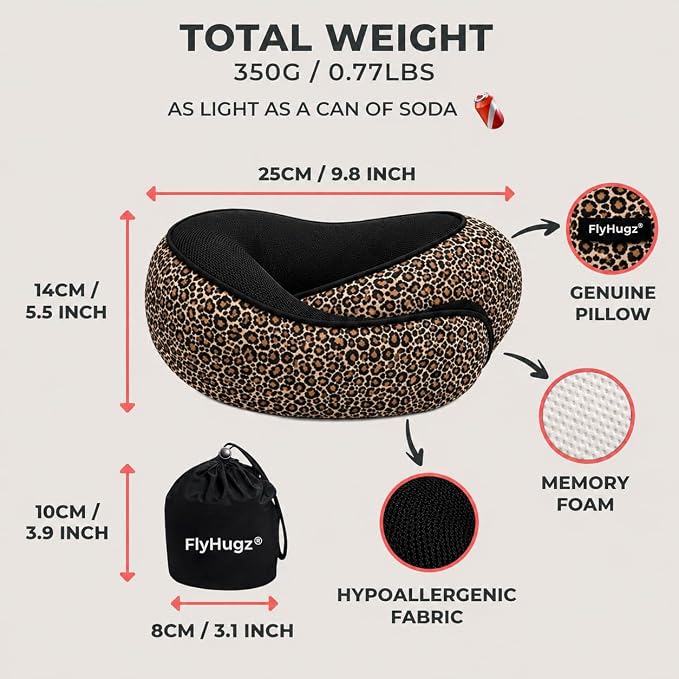 FlyHugz® Neck Travel Pillow Memory Foam Neck Pillow for Comfort on Airplane Compact and Ergonomic Design for Travel, Car Rides, and Home Use Ideal for Adults and Kids. (Leopard Print) - Image 4