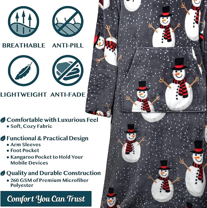 PAVILIA Fleece Blanket with Sleeves, Foot Pockets for Women Men Adults, Plush Wearable Blanket Throw Wrap, Warm Snuggle Blanket Robe, Cozy Gift Ideas Wife Mom, Snowman Gray - Image 4