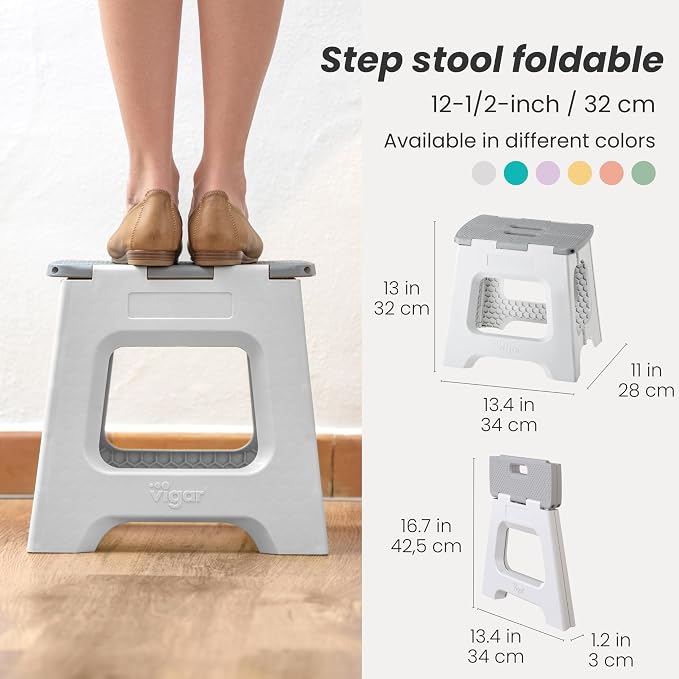 Vigar Compact Foldable Step Stool, 12-1/2-Inch, Gray | For Adults Up to 330 Pound, Lightweight, Non-Slip Folding Design, Compact Step Stool, Space-Saving Household Use - Image 2