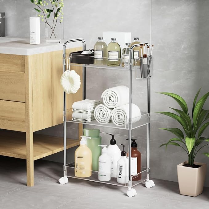 SPACEKEEPER 3 Tier Acrylic Storage Rolling Cart Clear Bathroom Cart Organizer, Transparency Laundry Room Organization Mobile Shelving Unit Multifunction Rolling Utility Cart for Office Living Room | Clear Utility Cart for Laundry Room,Kitchen,Office,Ba... - Image 6