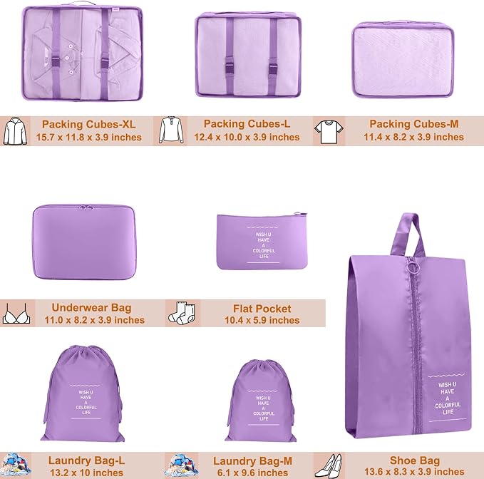 Packing Cubes for Travel- 8 Set Luggage Organizer Bags for Family, Mesh Breathable Travel Packing Cubes for Suitcases Durable Travel Essentials Bags Set (Purple, 8 Set) - Image 5