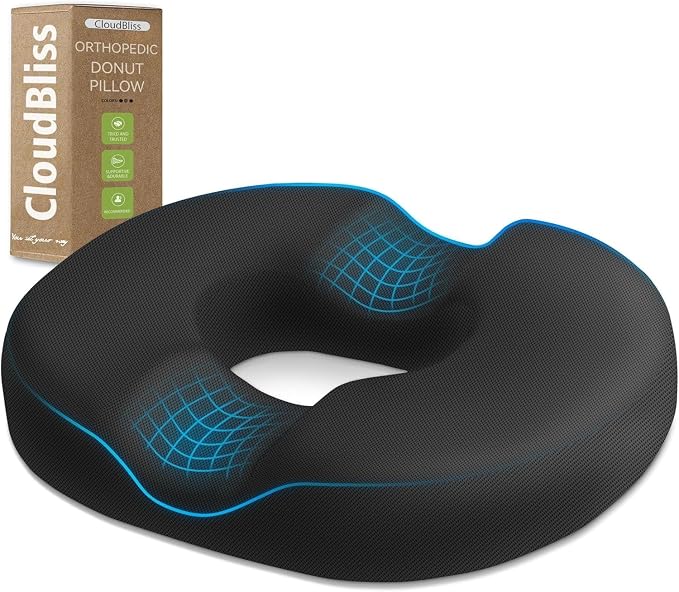 CloudBliss Donut Pillow Stadium Seat Cushion for Tailbone Pain Relief and Hemorrhoids, Memory Foam Seat Chair Cushion, Portable Seat Cushions for Bleachers, Car, Home & Office by CloudBliss