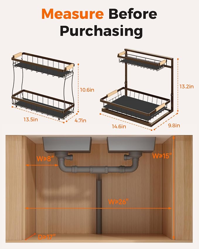 2026 Upgraded 3-Pack 2-Tier Adjustable Height Under Sink Organizer, Brown | Multi-purpose metal storage shelf with sliding shelves for kitchen, bathroom, pantry & laundry cabinet - Image 8