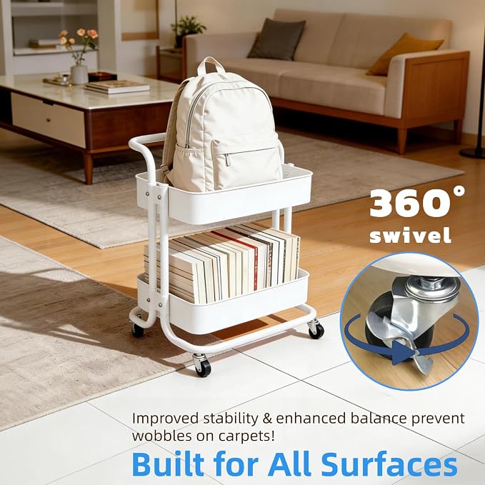 2 Tier Cart with Wheels Under Desk Storage with Handle, Metal Rolling Pantry Cart for Kitchen White Small Rolling Basket for Laundry Room Bathroom, Utility Shelf Organizer for Small Space - Image 6