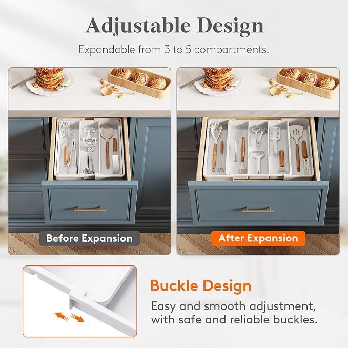 Lifewit Utensil Organizer for Kitchen Drawers, Expandable Utensil Tray | Adjustable Cooking Cutlery Silverware Flatware Holder, Plastic Spatula Tools Storage Divider, 11-18 x 14", White - Image 4
