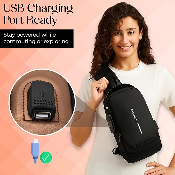 Unisex Anti-Theft Sling Bag with USB Port, Water-Resistant Crossbody Chest Backpack for Travel & Work - Image 5
