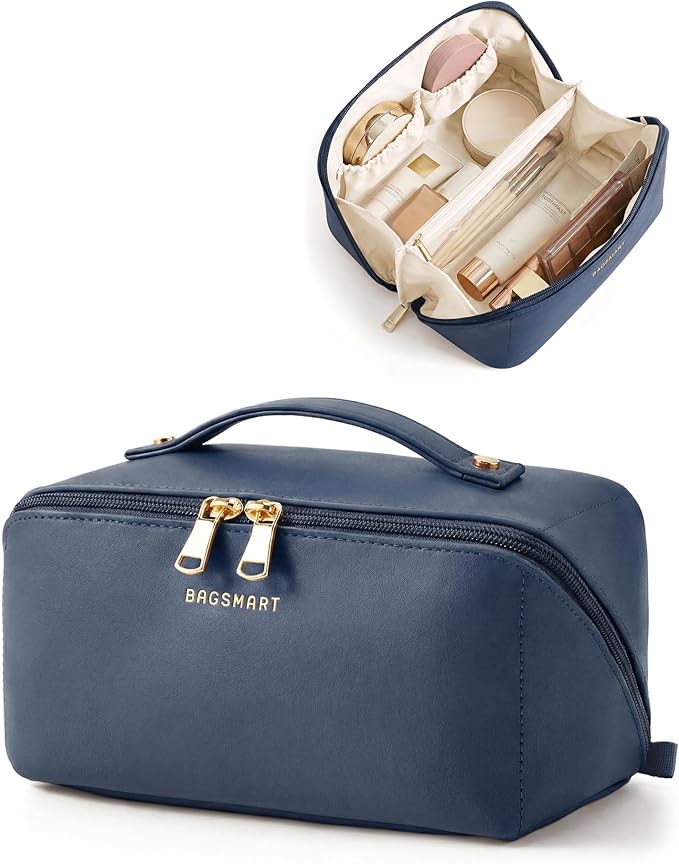 BAGSMART Makeup Bag Travel Cosmetic Bag,Women Toiletry Case, Deep Navy | Make Up Bag Flat Open Toiletry Bag for Women, PU Leather Travel Essentials Wide-open Skincare,Brushes Organizer Case Large by BAGSMART