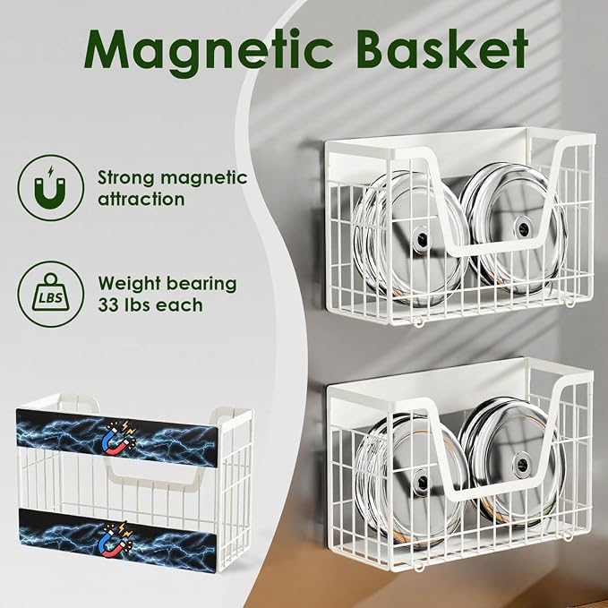 2 Set Magnetic Fridge Shelf, White Magnetic Fruit Basket for Fridge | Potato and Onion Storage Bins, Wire Baskets Magnet Shelves Spice Rack for Refrigerator Laundry Kitchen Organizer and Storage - Image 3