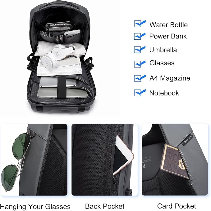 FANDARE Anti-Theft Backpack Business Daypacks fits 15.6 Inch Laptop Travel Large Backpack with USB Charging Port Waterproof Computer Bag Bookbag for Women Men Notebook Black - Image 5
