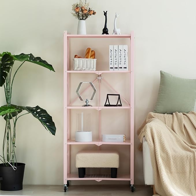 BRIAN & DANY 5-Tier Foldable Storage Shelves with Wheels, Folding Metal Rack Shelving Unit, Heavy Duty No Assembly Organizer Shelf for Garage, Kitchen, Basement, Pantry, Pink - Image 2