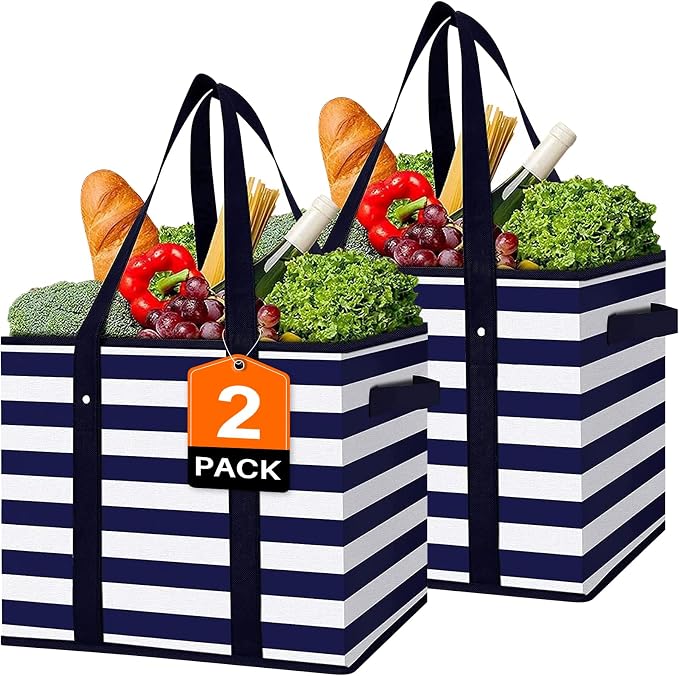 Reusable Grocery Bags 2 Pack, Foldable & Water Resistant Shopping Bags | Large Grocery Tote Bag Water Resistant Shopping Bags Foldable Grocery Bag for Clothes,Shoes and Picnic by WiseLife