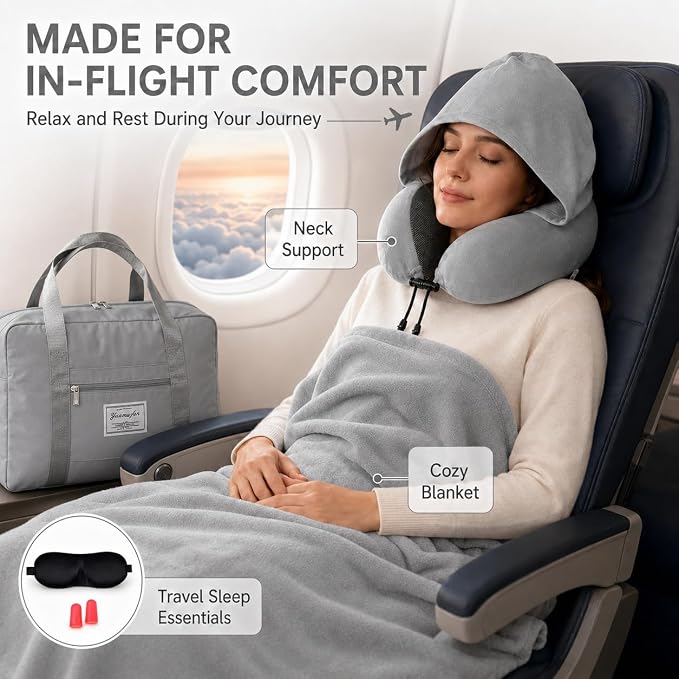 Travel Blanket and Pillow Set - Hooded Neck Pillow Airplane Essentials Grey | Memory Foam, Sleep Mask, Earplugs, Foldable Duffel Bag Soft Comfort for Long Plane Flight Traveling Car Road Trip Flying - Image 5